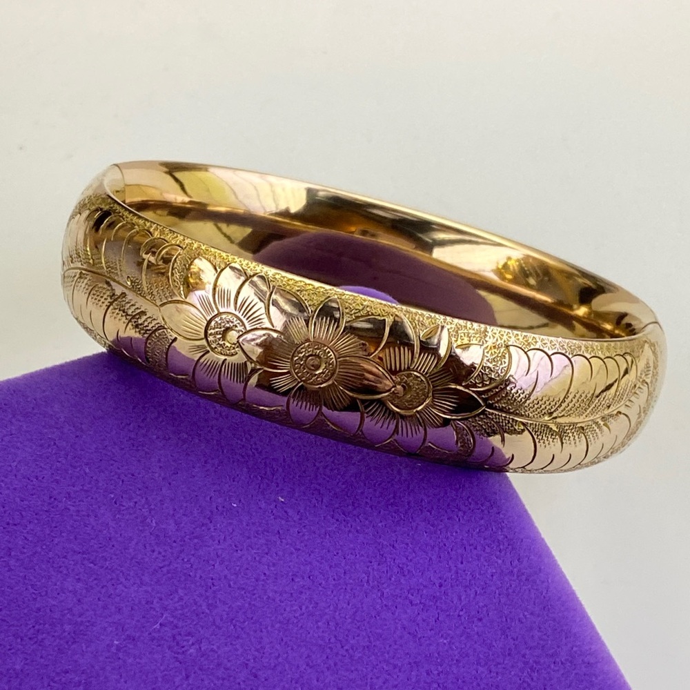 💛 Antique Gold Filled Engraved Floral Bangle | Victorian Heirloom Estate